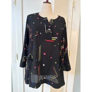 Ali Miles Black Multicolor Geometric Popover Crinkle Blouse Top size 1X